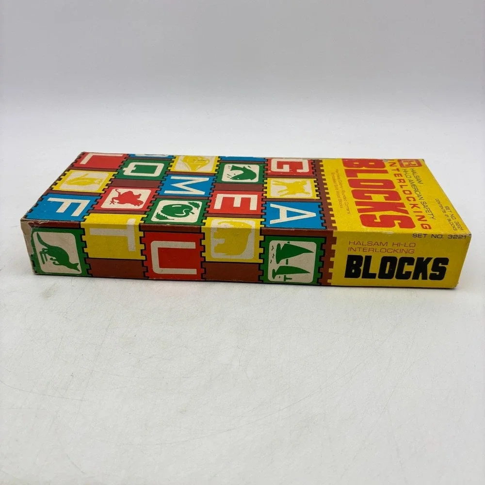 VINTAGE Halsam Hi Lo Interlocking Blocks COMPLETE 21 Wood Blocks Set no 3221